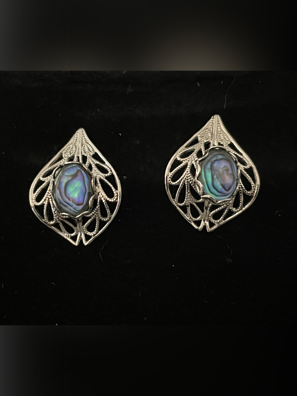 Silver Filigree Abalone Shell Earrings - Iridescent Blue-Green